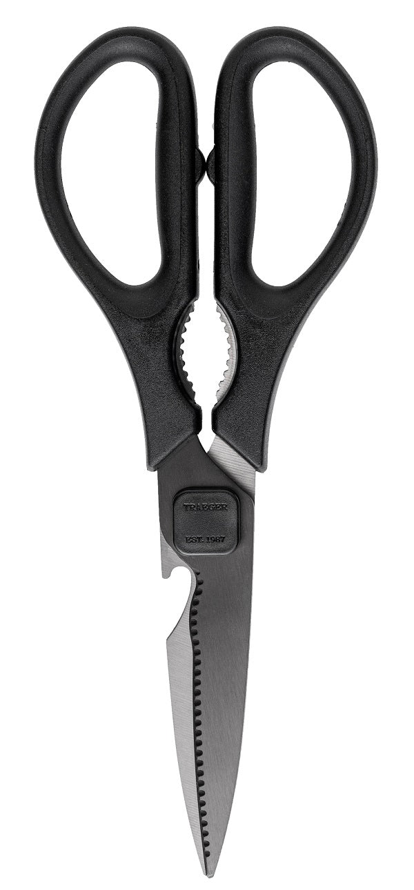 Traeger BBQ Shears - Kraftig grillsaks har svarte håndtak, takkede kniver i rustfritt stål og en innebygd flaskeåpner i nærheten av dreietappen.