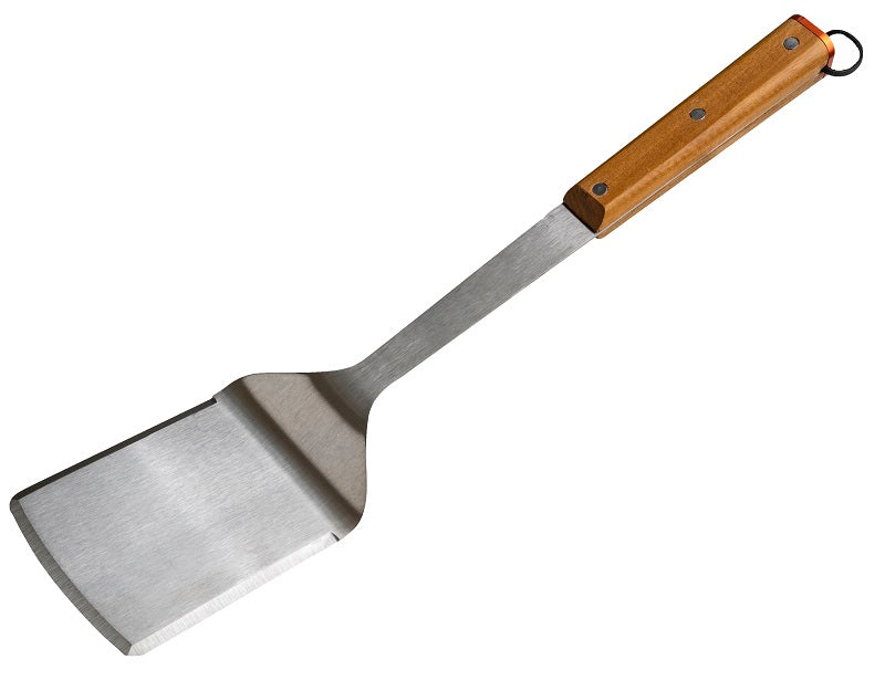 Traeger BBQ Spatula - Teak fra Traeger har et flatt blad i rustfritt stål og et håndtak i teak, vist på en hvit bakgrunn - perfekt som tilbehør til stekespadegrillen.