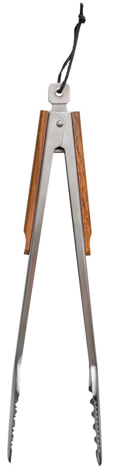 Traeger BBQ Tongs - Teak fra Traeger har håndtak i teak, konstruksjon i rustfritt stål og en svart opphengsløkke - perfekt til grilling. Vist på hvit bakgrunn.