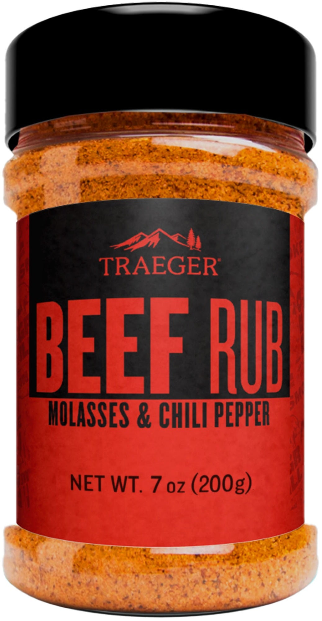 Traeger Beef Rub 200g fra Traeger, med melasse og chilipepper, kommer i en krukke med svart lokk og rød etikett - perfekt til storfekjøtt.