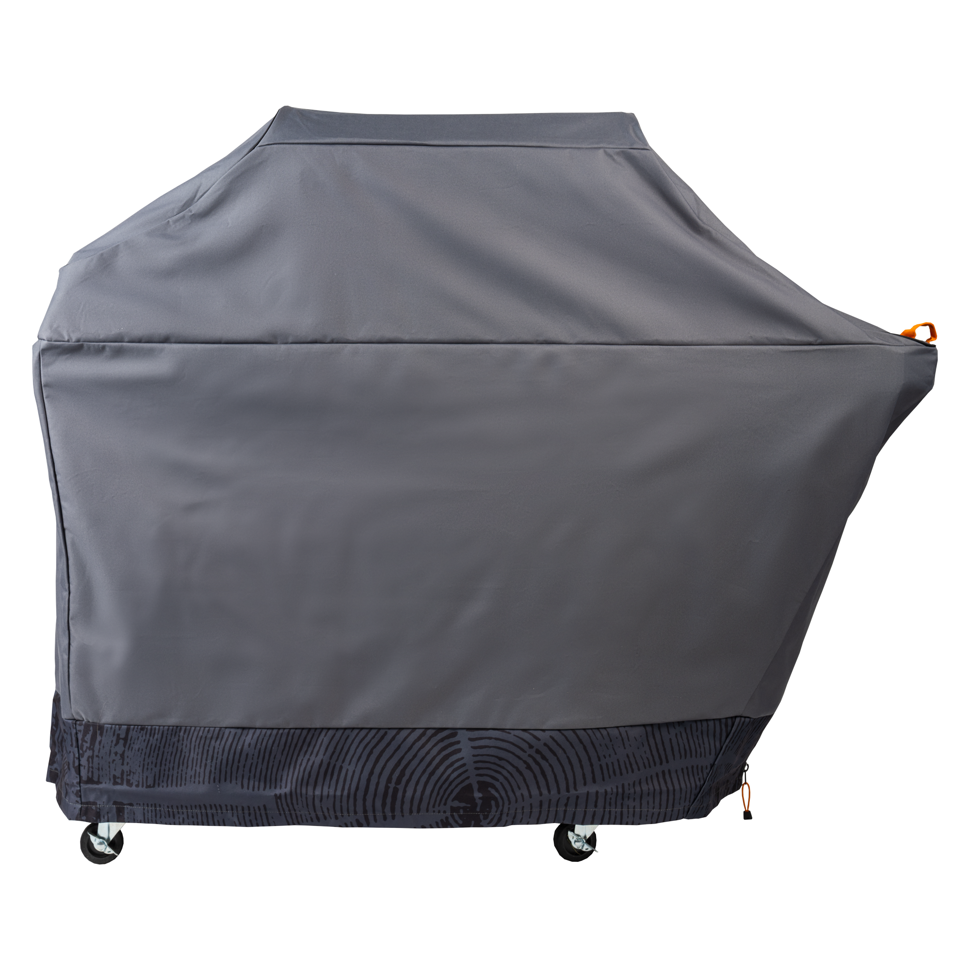 Et Traeger Full Length Grill Cover for Timberline L i grått fra Traeger monteres over en utegrill på hjul og skjuler grillens funksjoner.