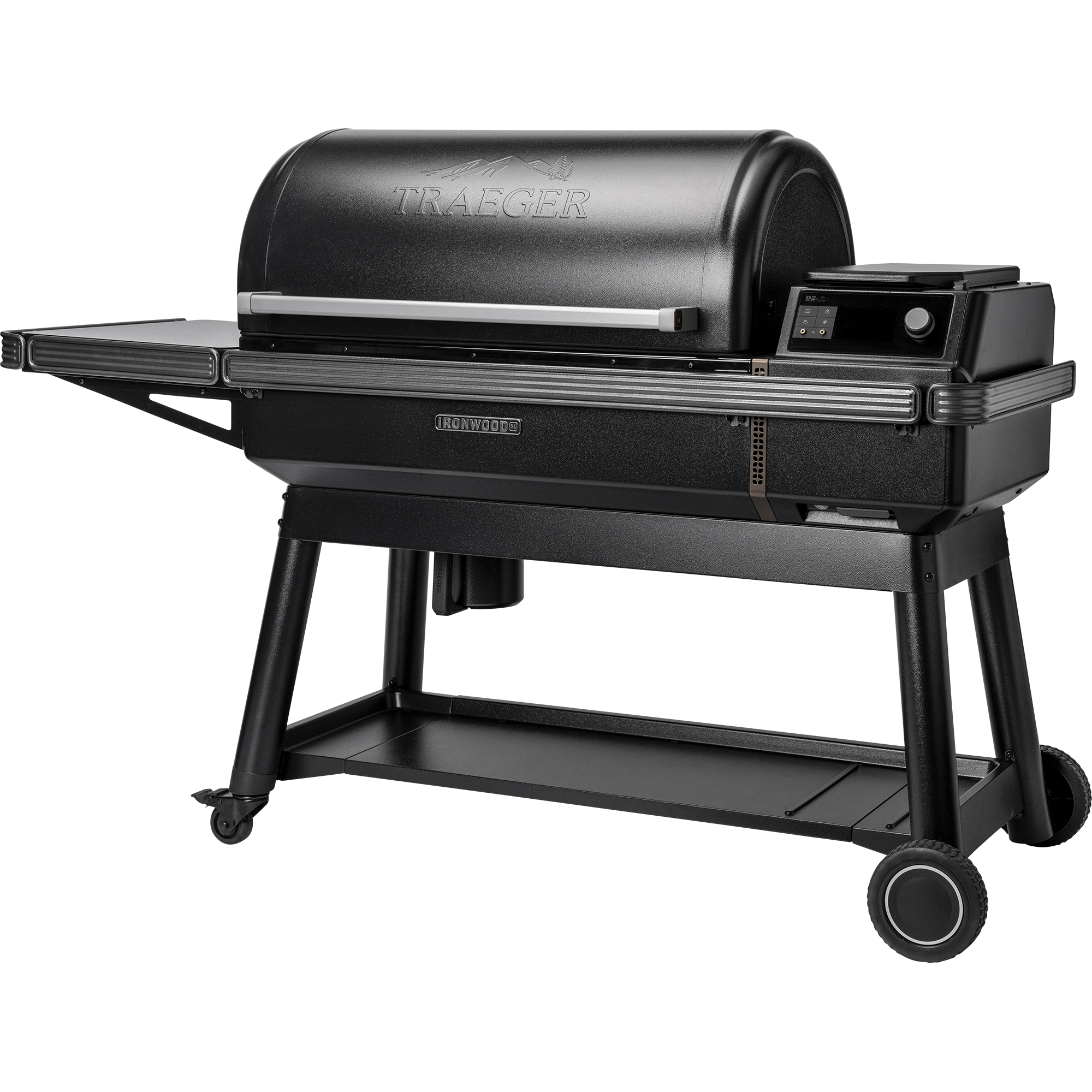 Traeger Ironwood XL pelletsgrill i svart har et romslig stekekammer, sammenleggbar sidehylle, digitale kontroller, oppbevaringshylle under og hjul - ideelt for grilling med vedfyrt smak.