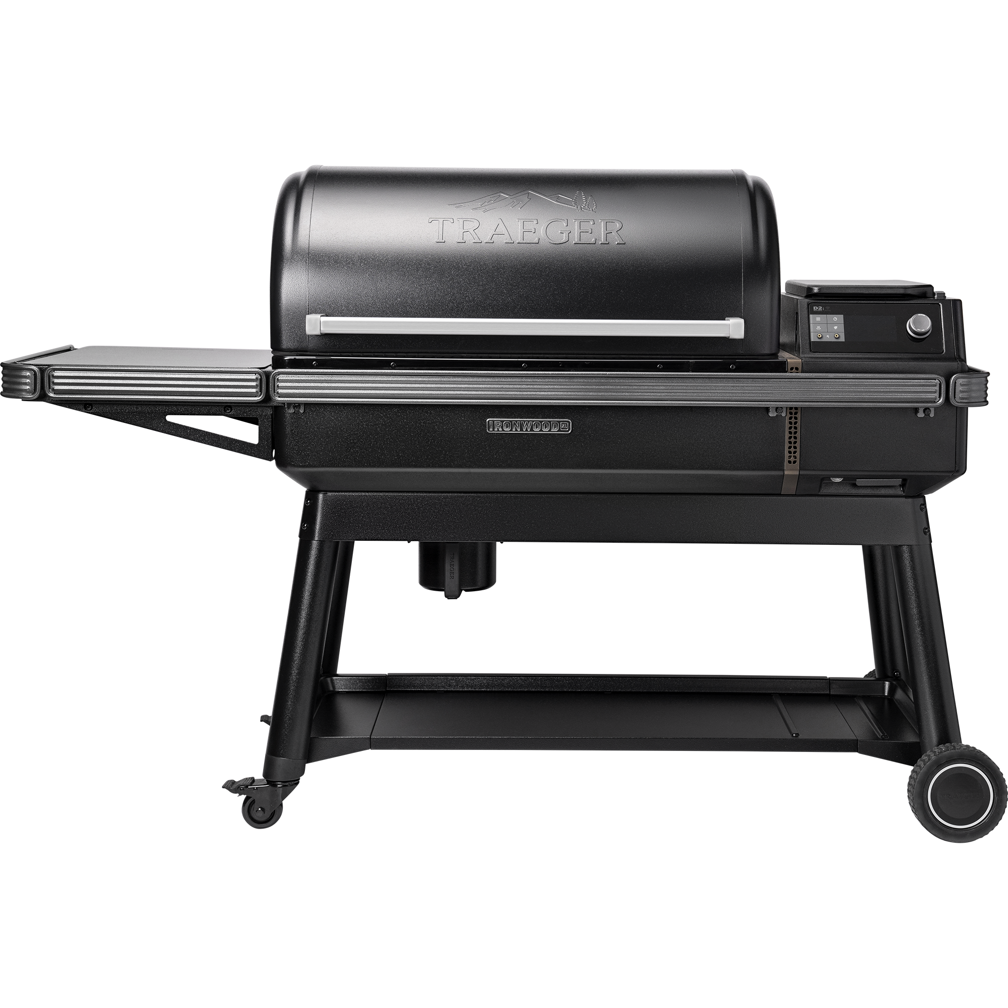 Traeger Ironwood XL pelletsgrill er en stor, svart grill med lukket lokk, sidehylle, digitalt kontrollpanel og to hjul på en solid ramme - perfekt for å tilføre autentisk vedfyrt smak til utendørsmatlagingen din.