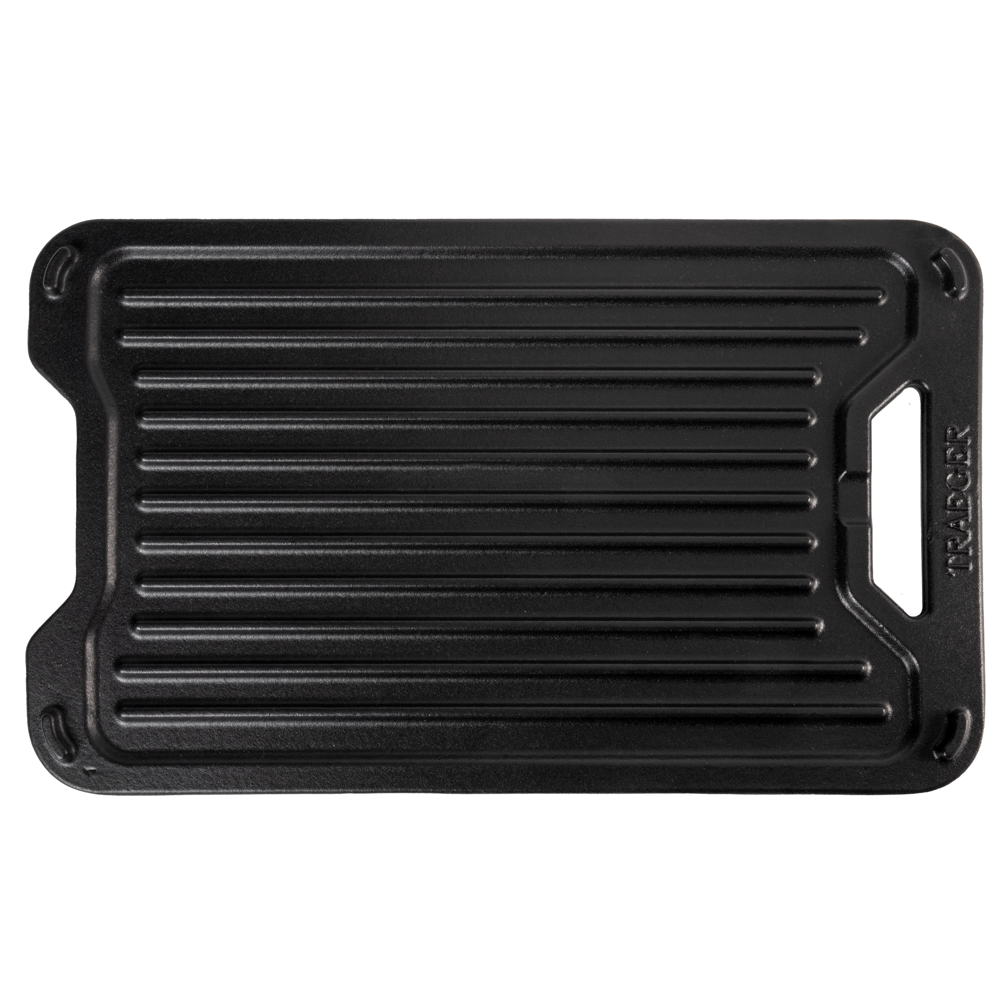 Traeger ModiFIRE Rev. Cast Iron Griddle fra Traeger har opphøyde kanter og et praktisk håndtak, ideelt for grilling eller bruk med grilltilbehør, vist mot en vanlig hvit bakgrunn.