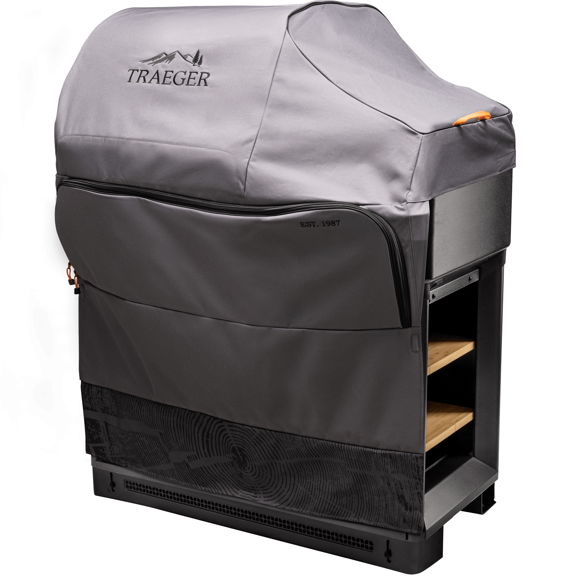 Traeger Outdoor Kitchen Grill Cover for Timberline L (Grilltrekk) fra Traeger har oppbevaringslommer med glidelås og beskytter grillen din, noe som gir både bekvemmelighet og værbestandig dekning for utendørs matlaging.