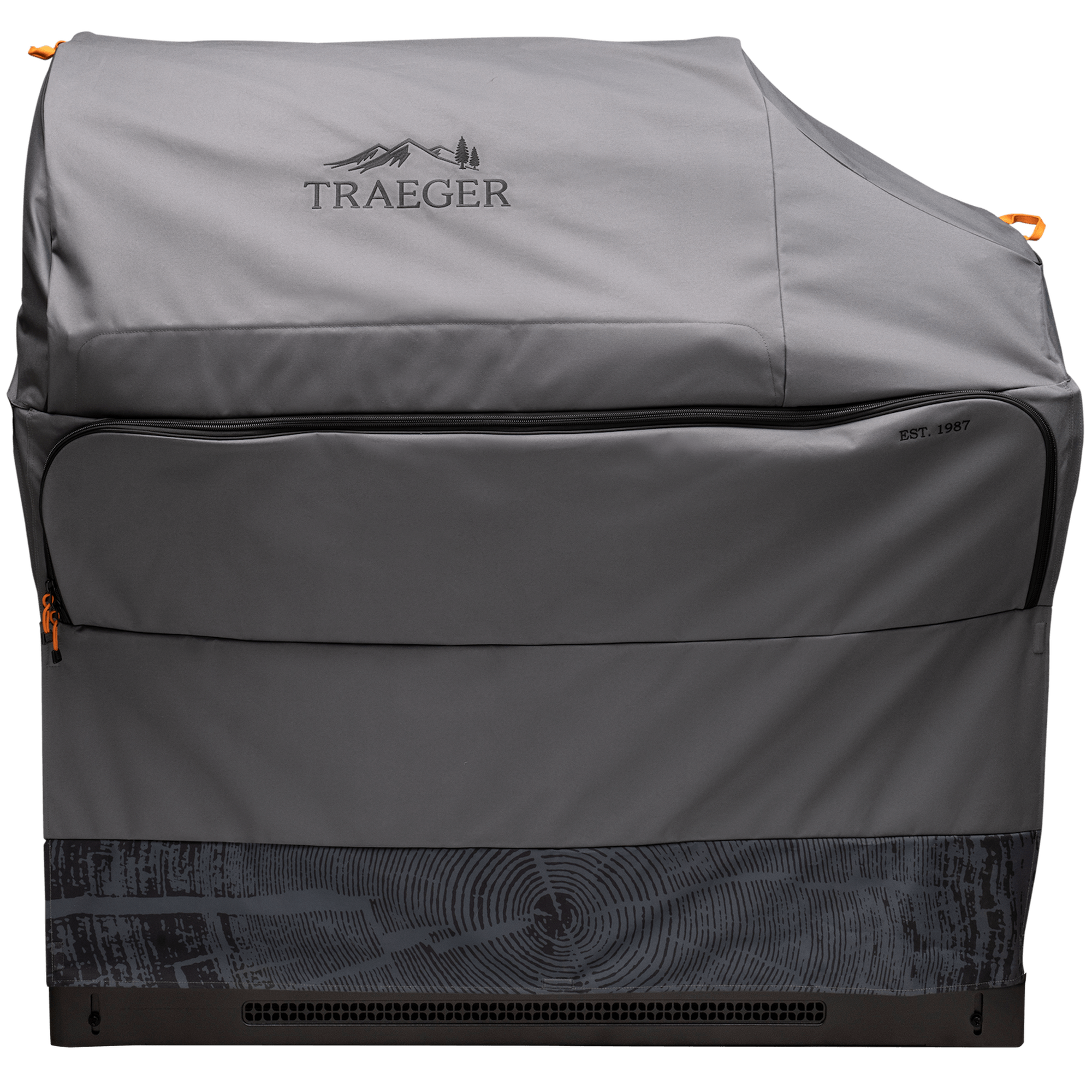 Traeger Outdoor Kitchen Grill Cover for Timberline XL er en stilig, værbestandig grilltrekk fra Traeger, med logoen deres med trær og fjell i grått.