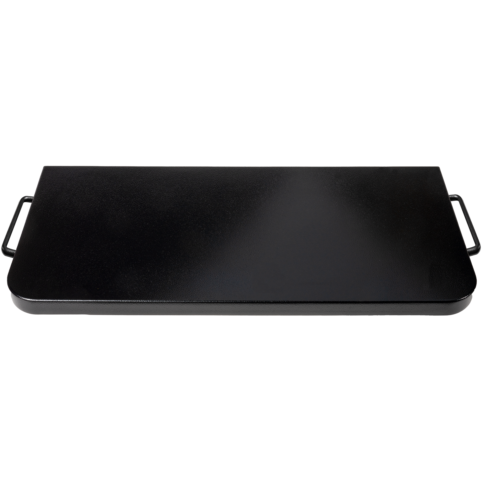 Rektangulær grillplate i svart metall med sidehåndtak, laget for å passe til Traeger P.A.L. Front Shelf L fra Traeger, vist på hvit bakgrunn.