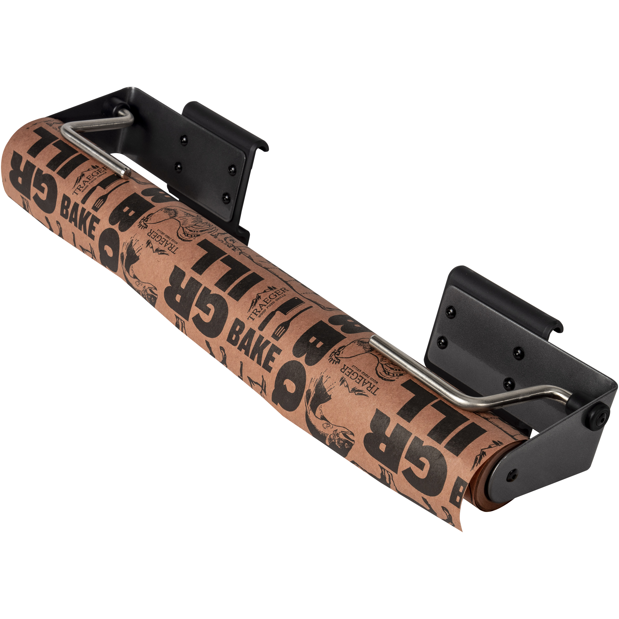 Traeger P.A.L. Roll Rack, en veggmontert metalldispenser fra Traeger, har plass til en rull med brunt slakterpapir med svart tekst og grafikk - perfekt tilbehør til grillen din.