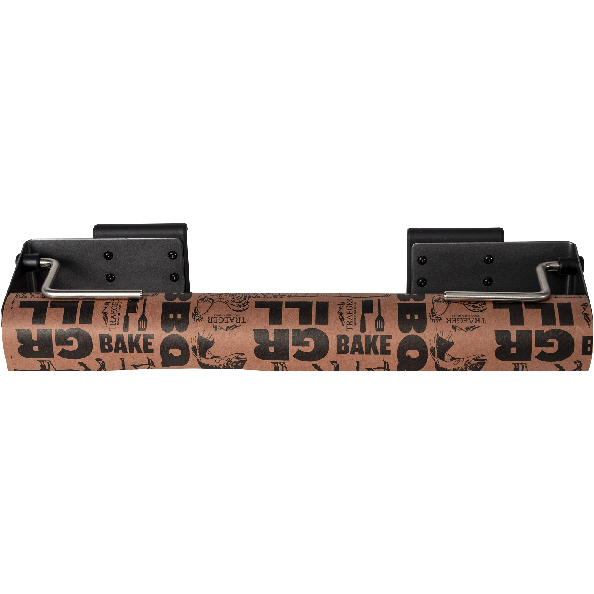 En rull med brunt grill- og bakepapir fra Traeger oppbevares i det svarte, veggmonterte Traeger P.A.L. Roll Rack - et uunnværlig tilbehør til ethvert utekjøkken.