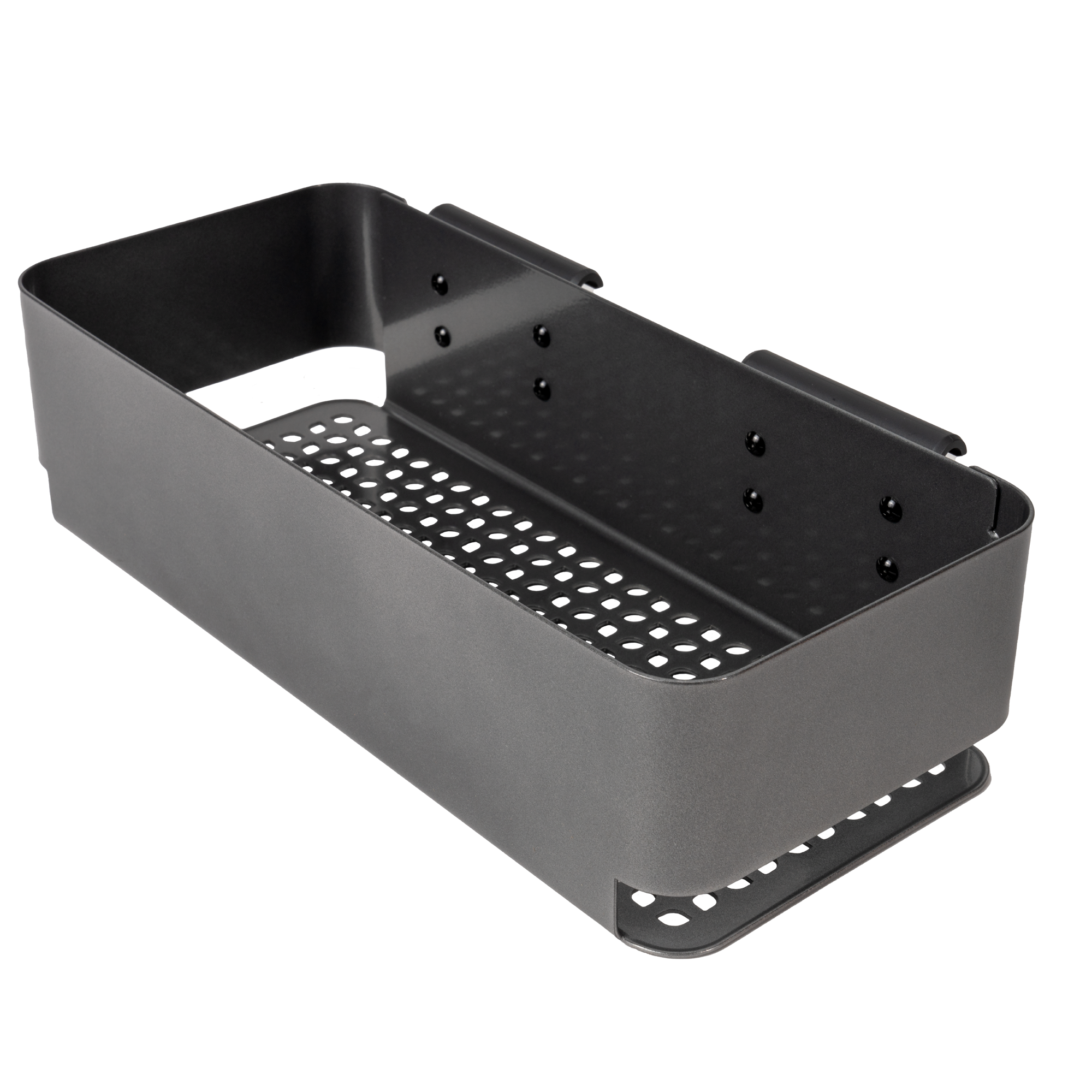 Traeger P.A.L. Storage Bin fra Traeger har et rektangulært metalldesign med avrundede hjørner, perforert bunn og sider og to monteringsbraketter bak - ideelt for praktisk oppbevaring av grillen eller tilbehør til utekjøkkenet.