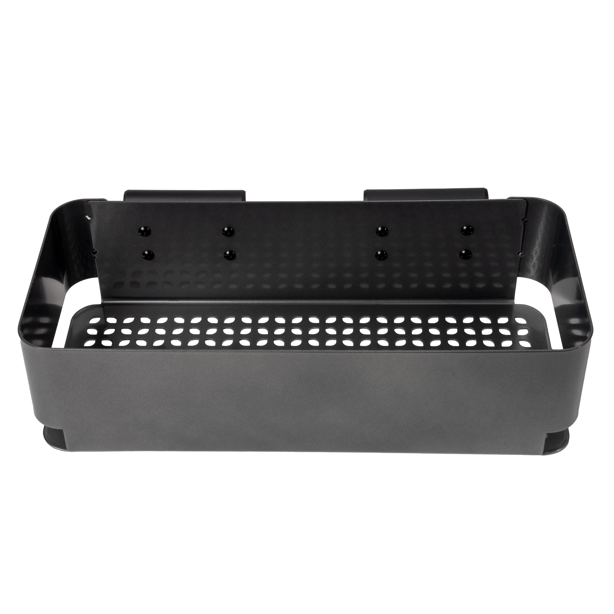 Traeger P.A.L. Storage Bin fra Traeger er en veggmontert kurv i svart metall med perforert bunn og monteringshull, perfekt til praktisk oppbevaring av grill- eller utekjøkkentilbehør.