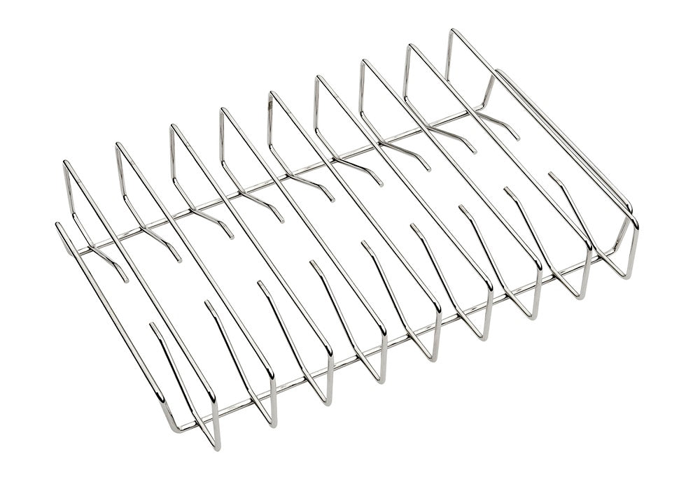 Traeger Rib Rack fra Traeger er et tilbehør i rustfritt stål med vertikale spor som holder flere ribbeplater oppreist for grilling, steking eller langtidskoking.