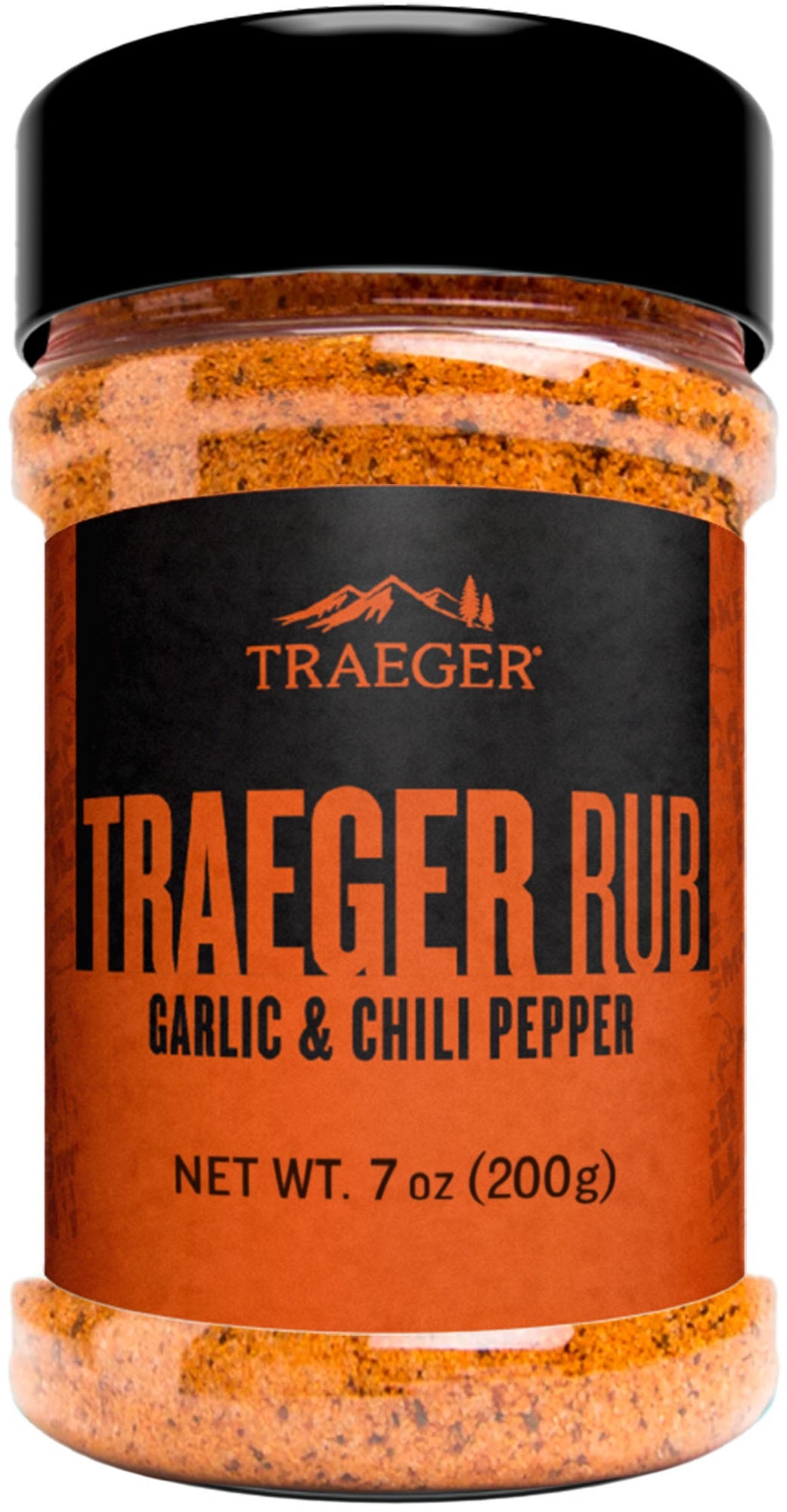 Traeger Rub 200 g fra Traeger, i en krukke med svart lokk og svart etikett, er perfekt for å gi kjøttretterne dine en kraftig smak av hvitløk og chili.
