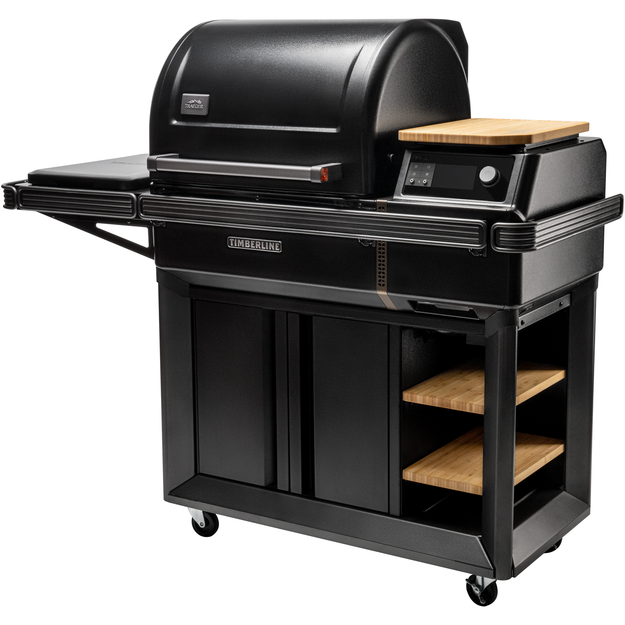 Traeger Timberline L pelletsgrill fra Traeger er en elegant svart grill på hjul, ideell for utendørs matlaging og perfekt for grillentusiaster som setter pris på både stil og ytelse.