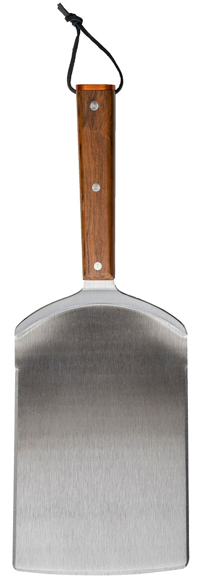 Traeger XXL BBQ Spatel fra Traeger har et bredt, rektangulært blad i rustfritt stål, et solid trehåndtak og en svart opphengsløkke på enden.