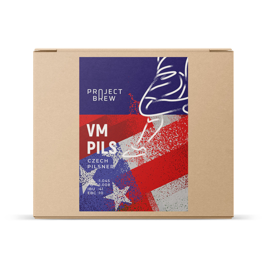 En pappeske med etikett for VM Pils - ølsett av fullkorn og abstrakt rød, hvit og blå grafikk - ideell for fans av ferskurtpakker eller denne tsjekkiske pilsneren.