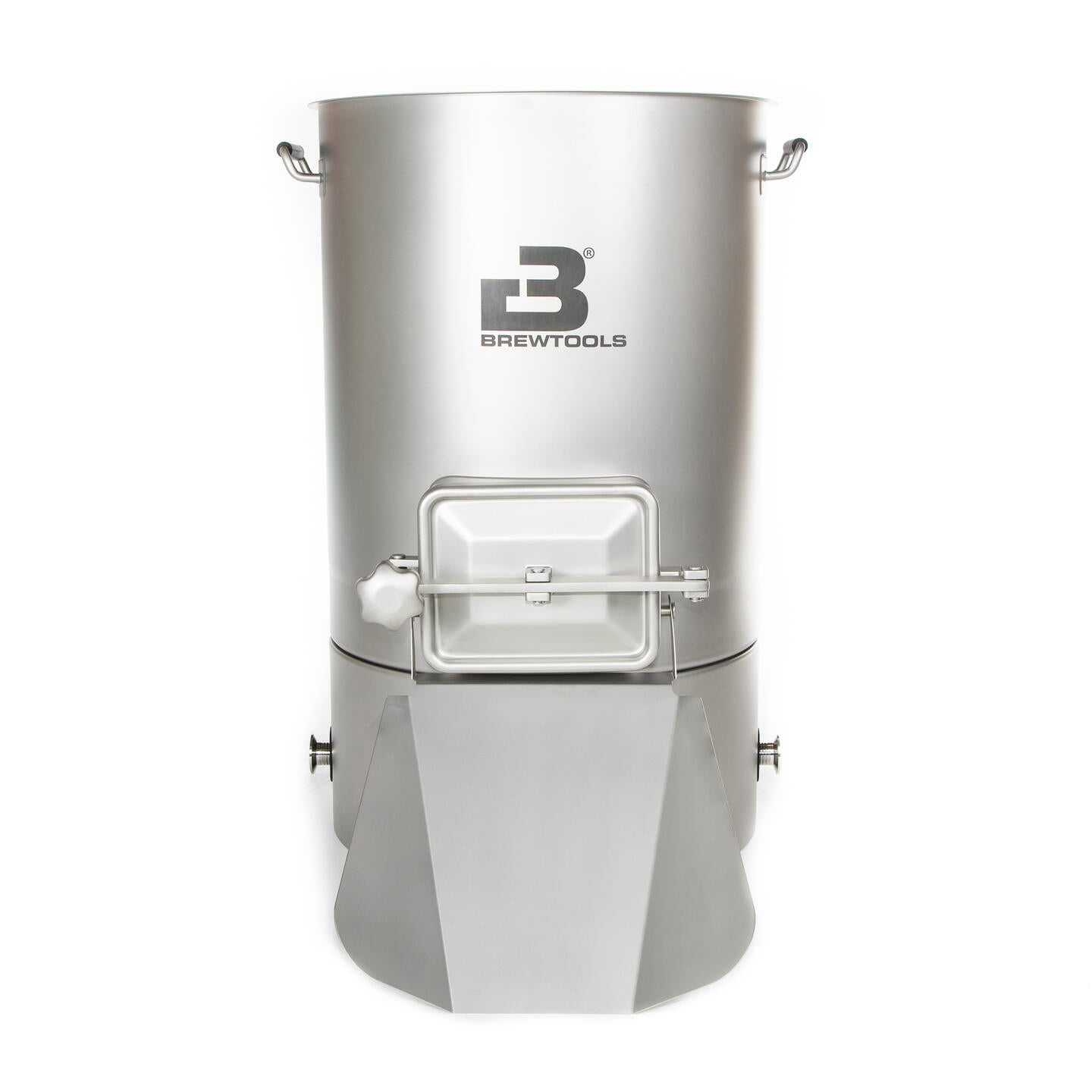 Brewtools B100 Mesketank, en bryggekjele i rustfritt stål med håndtak, logo og en frontluke som gir imponerende maltkapasitet, er avbildet mot en hvit bakgrunn.