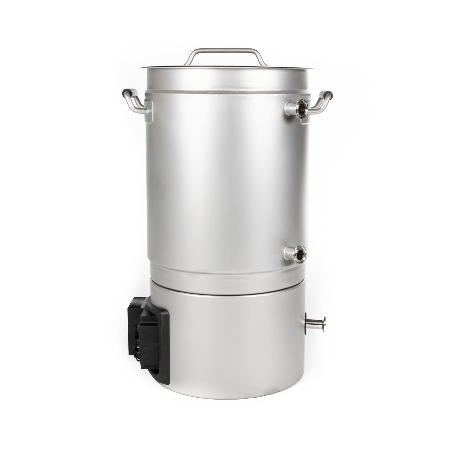 Brewtools B25 bryggesystem 230 V 2 kW | Bryggemaskin er utført i rustfritt stål og har lokk, sidehåndtak, tappekraner og en svart varmeenhet i bunnen – ideell for hjemmebryggere, avbildet alene på hvit bakgrunn.