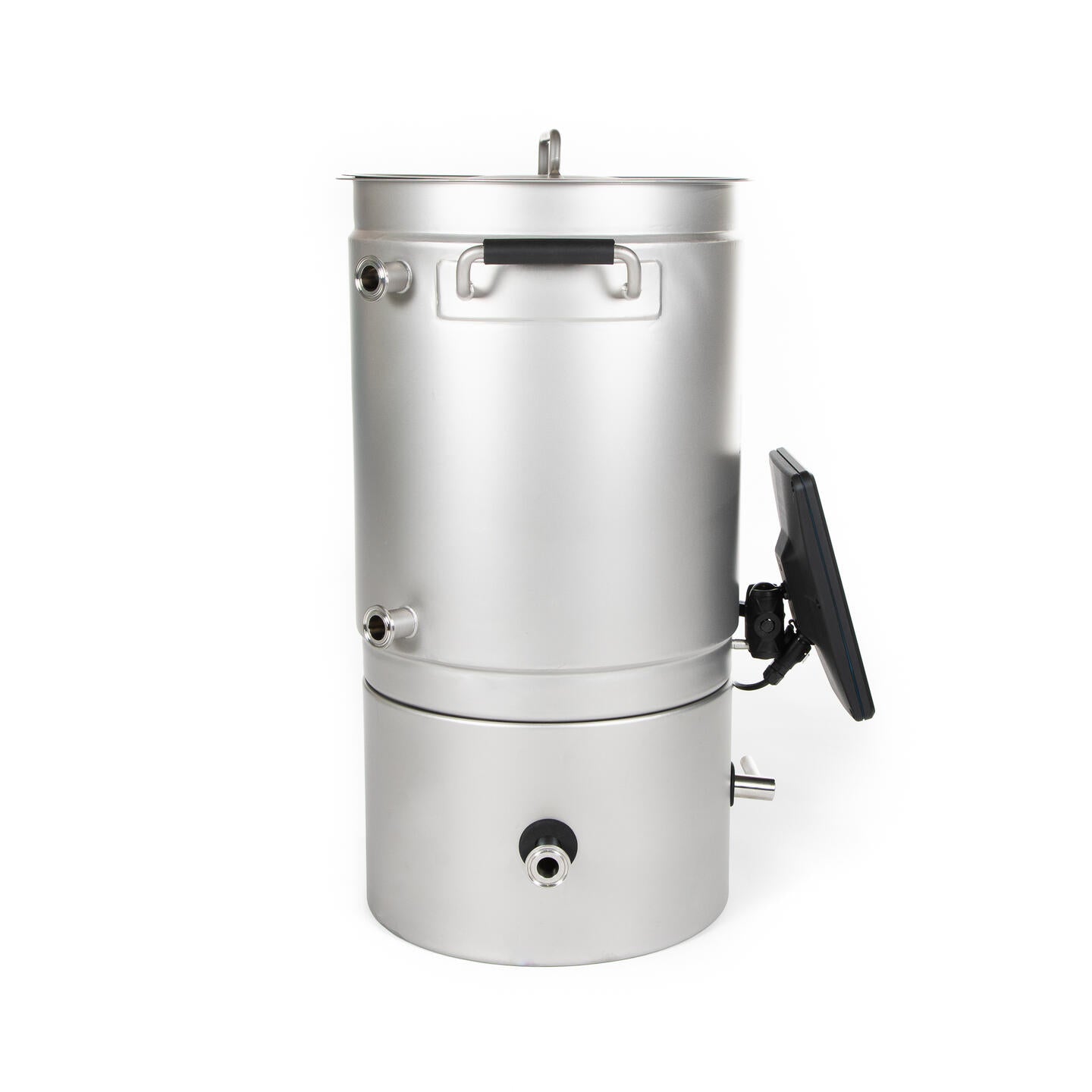 Brewtools B25 bryggesystem 230 V 2 kW | Bryggemaskin er en sylindrisk hjemmebryggemaskin i rustfritt stål med håndtak, tuter og et kontrollpanel på høyre side, avbildet mot en hvit bakgrunn – ideell for hjemmebryggere.