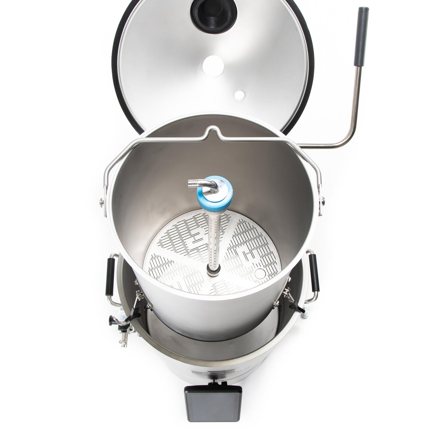 Oversiktsbilde av et åpent Brewtools B50-bryggesystem 230 V, 3,3 kW | Bryggemaskin med beholder i rustfritt stål, falsk bunn, sentralrør, blå kobling og hevet lokk.