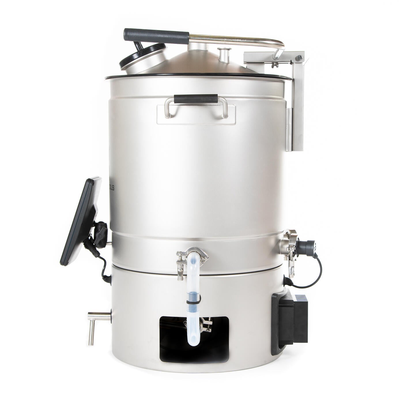 Brewtools B50-bryggesystemet 230 V, 3,3 kW | Bryggemaskin, med konstruksjon i rustfritt stål, lokk, digitalt display, tappekran og flere tilbehør, vises mot en hvit bakgrunn.