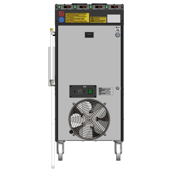 Lindr CWP 300 4X Pump 4X Thermostat NEW Green Line by Lindr, med advarselsskilt, kjølevifte, kontrollpanel, hjul og gjennomsiktig slange - perfekt som mikrobryggeri kjøler eller kjølesystem for gjæringstanker.