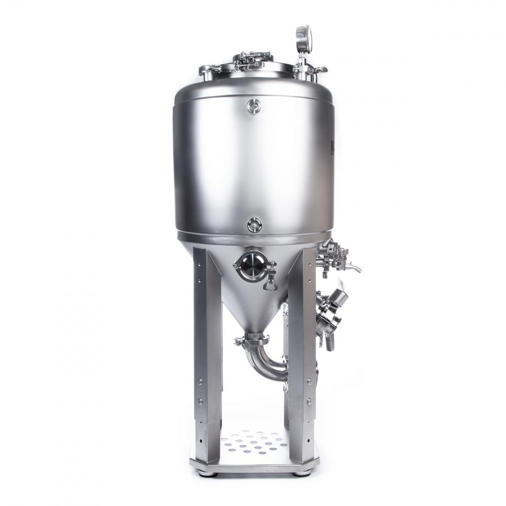 Brewtools F40 Unitank fra Brewtools er en fermenteringstank i rustfritt stål med sylindrisk kropp, konisk bunn og flere ventiler og koblinger - ideell for hjemmebrygging og stabilt støttet på fire ben.