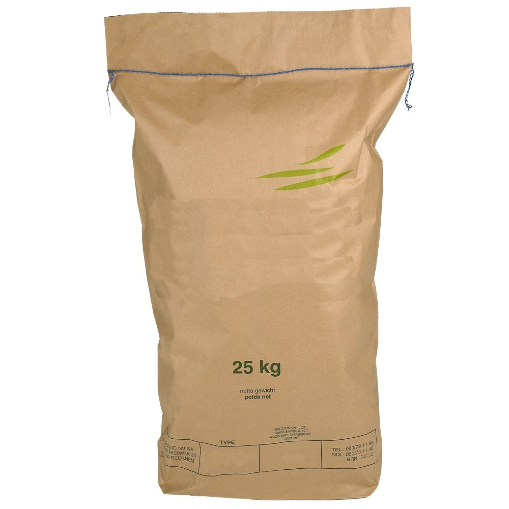 En 25 kg Belgosuc Sukker - Dextrose Monohydrate S-sekk, laget av brunt papir med grønn tekst og markeringer, er forseglet i toppen med blå søm.