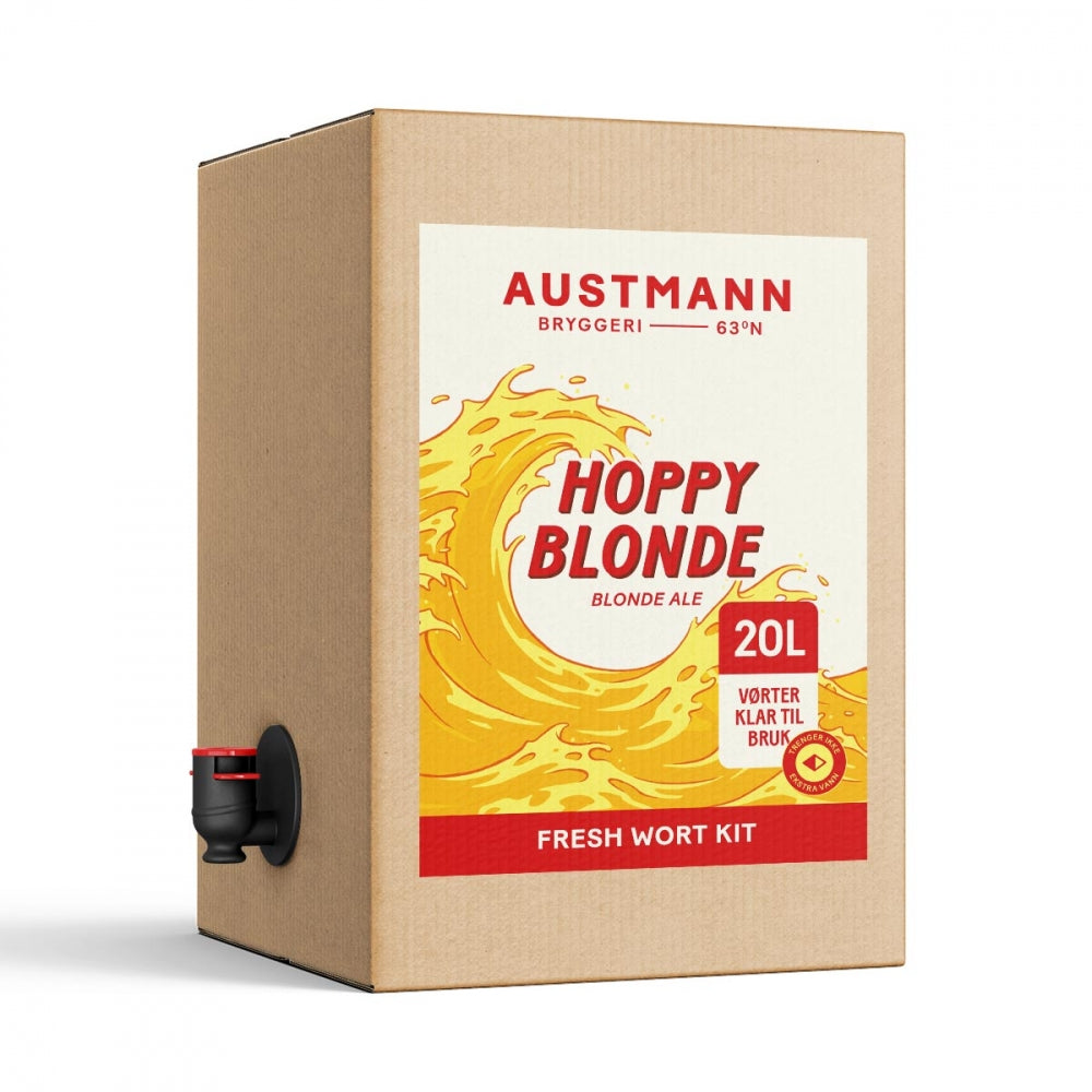 Austmann Hoppy Blonde - 20L Fresh Wort Kit fra Austmann kommer i en pappeske med en kran og gul bølgegrafikk, perfekt for hjemmebrygging av din egen blonde ale.