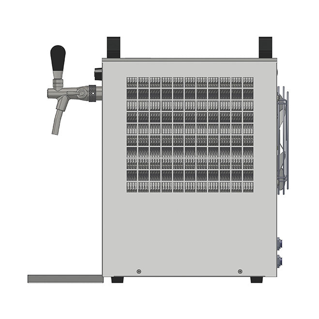 Lindr KONTAKT 70/K New Green Line Ølkjøler med tappetårn fra Lindr sett fra siden, som viser drikkevaredispenseren i metall med tappehåndtak, ventilasjonsgitter og synlig kjølevifte.