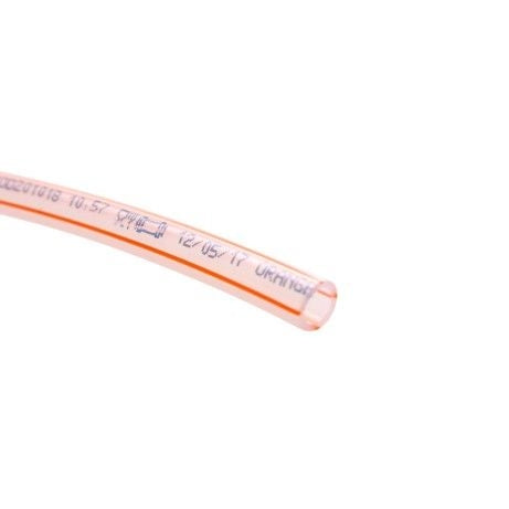 Et nærbilde av Lindr 3/8" LDPE slange til øl/luft (oransje stripet), laget av næringsmiddelgodkjent polyetylen.