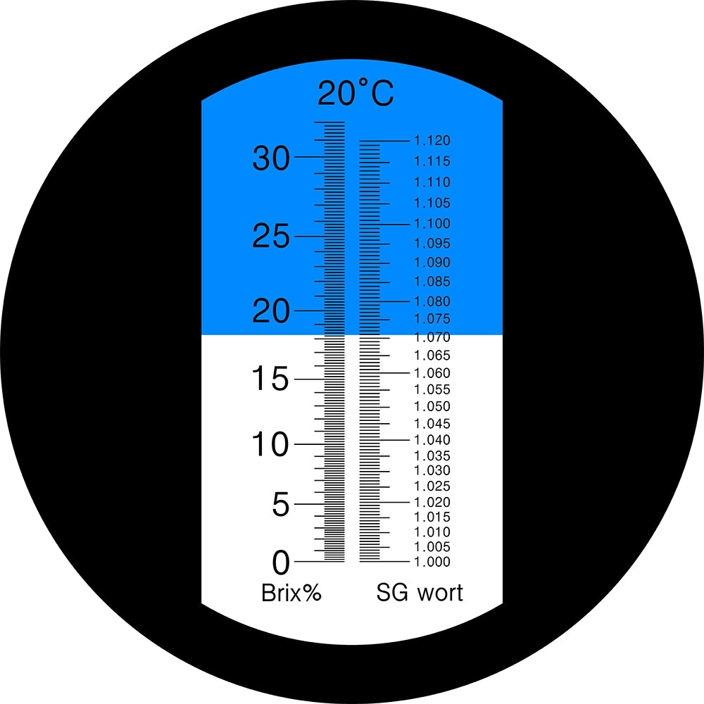 Brewshop Refraktometer for ølbrygging (SG 1.000-1.120) har en skala som viser 20°C, Brix% fra 0-30, og lar deg måle SG for vørter mellom 1.000 og 1.120.