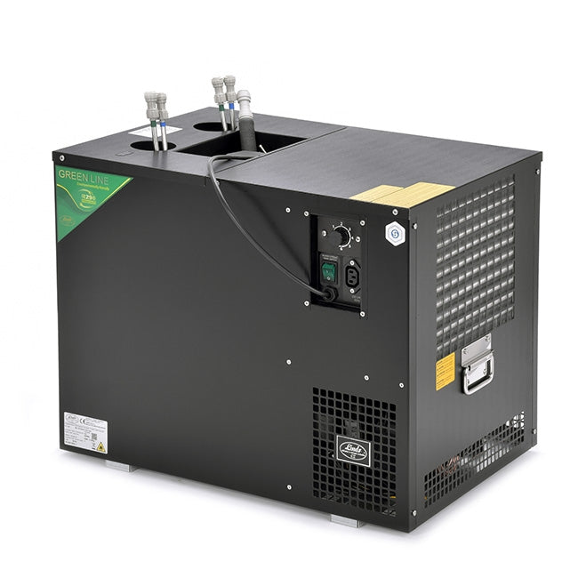 Lindr AS-110 Green Line NEW kjølesystem (2-6 coils) er et svart industrielt aggregat med kontrollpanel, ventilasjonsgitter og topptilkoblingsrør som bruker miljøvennlig kjøleteknologi for effektiv kjøling.