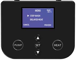 Grainfather G30 Connect Control Box fra Grainfather har et digitalt panel som er kompatibelt med Bluetooth-bryggekontrolleren, og tilbyr menyer for trinnvis mesking og forsinket oppvarming. Inkluderer knapper for pumpe, innstilling og varme med temperaturvisning for presis, automatisert brygging.