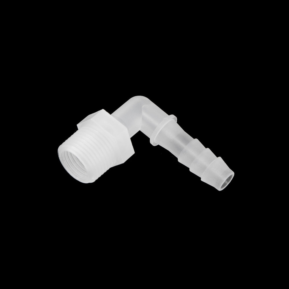 Brewtools Slangenippel albue 90° i hvit PP-plast har en 3/8" NPT utvendig gjenge og en 10 mm mothaker, vist mot en svart bakgrunn.
