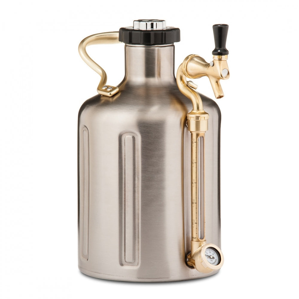 GrowlerWerks uKeg Pro 128 Stainless (3,8L) er en vakuumisolert rustfritt stål growler med messingkran, CO2-regulator, trykkmåler og sidehåndtak - ideell for servering av drikke på tapp.