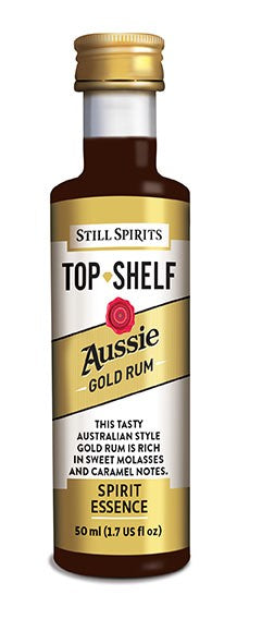 En 50 ml flaske Still Spirits SS Top Shelf Aussie Gold Rum-essens med en etikett i gull og hvitt, med romsmaksnoter og produktinformasjon.