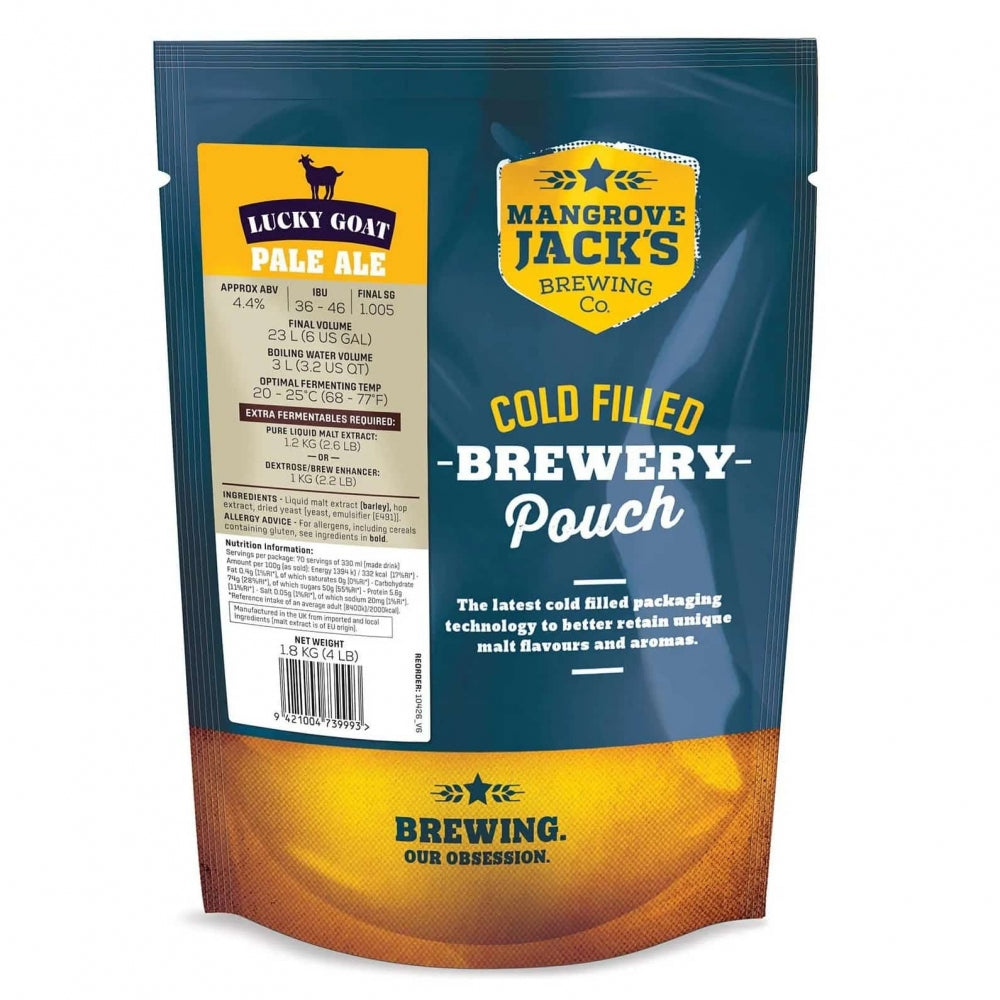 Mangrove Jacks Traditional Series Lucky Goat Pale Ale ekstraktsett (1,8 kg) er et kaldfylt maltekstraktsett med produktdetaljer og bryggeinfo på etiketten.