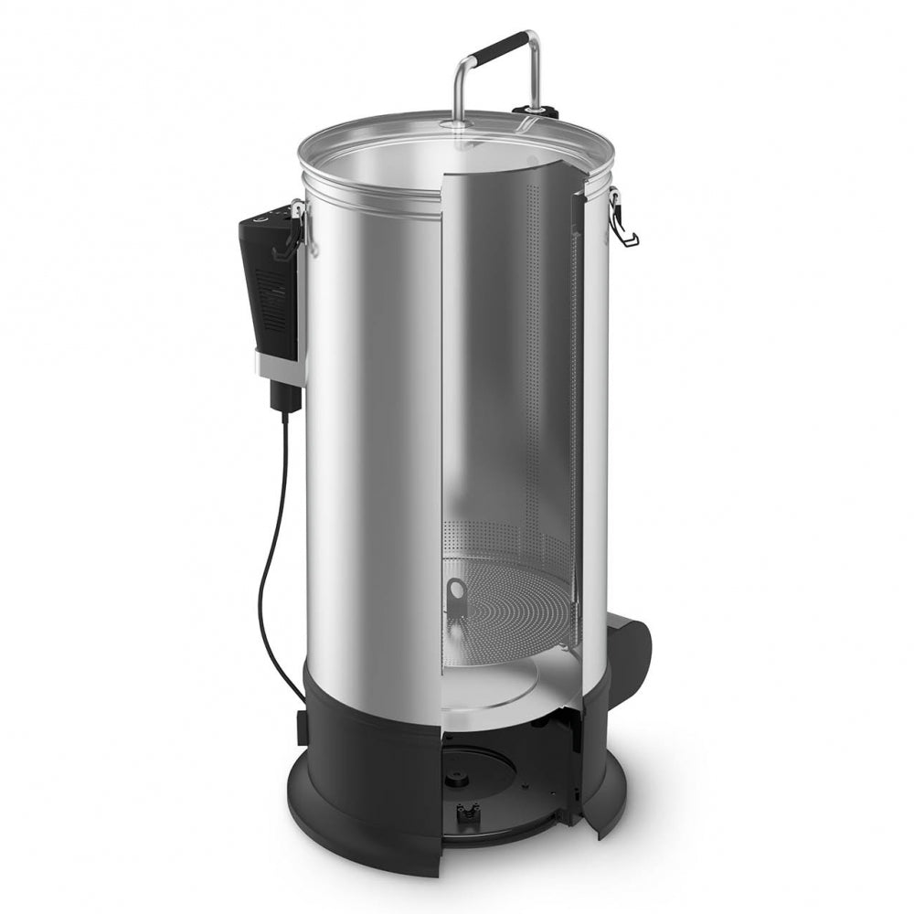 En vertikal elektrisk kalkunfryser i rustfritt stål med et utsnitt som viser de innvendige komponentene, som ligner på Grainfather G30v3 bryggemaskin med motstrømskjøler fra Grainfather, inkludert varmeelementet og den perforerte kurven.