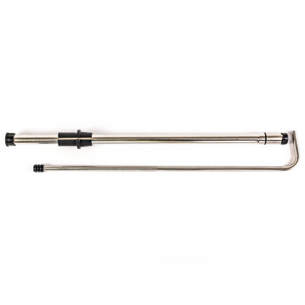To stenger i rustfritt stål fra Brewsssential BrewSSSiphon Basic Kit - en L-formet og en med svart grep og gjengede ender - er perfekte tillegg til ditt autohevert av rustfritt stål hjemmebrygging-oppsett.