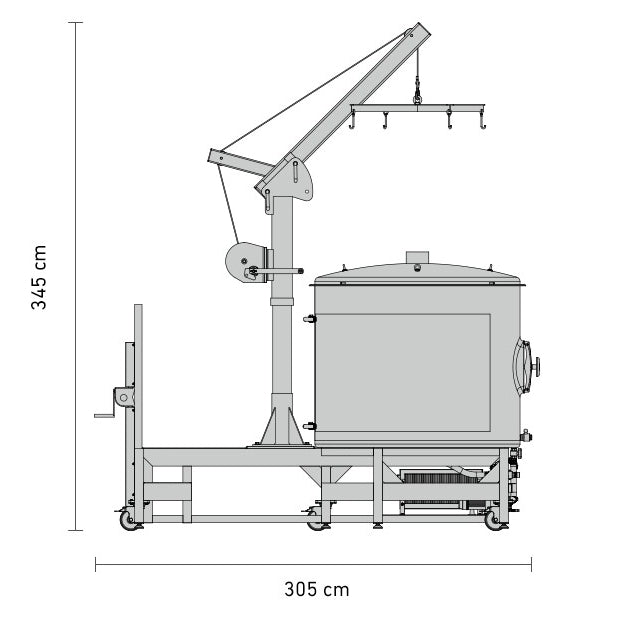Teknisk tegning av Speidel #Braumeister 1000L - Bestillingsvare viser en stor industritank på hjul med kranarm, som måler 345 cm i høyden og 305 cm i bredden; ideell for kommersiell ølbrygging fra Speidel.
