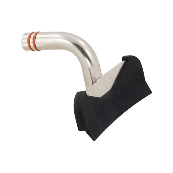 Ss Brewtech Dip Tube With Trub Dam er et støvsugertilbehør av metall og gummi med et buet rør, to oransje O-ringer ved tilkoblingsenden, designet for bruk i Ss Brewtech-kjeler og Trub Dam-systemer.
