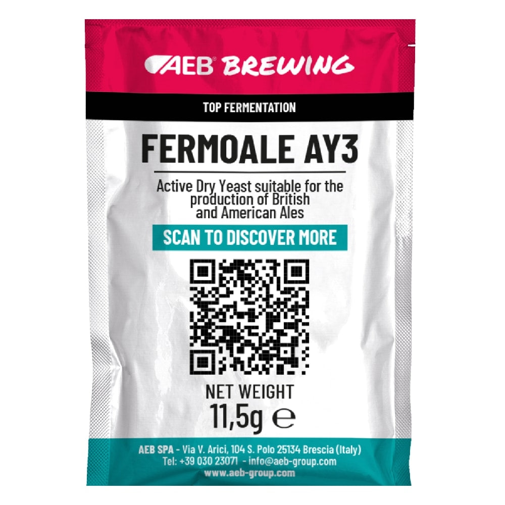 Fermoale AY3 11,5g fra AEB Brewing: ideell tørrgjær for britiske og amerikanske ales, med en praktisk QR-kode på pakningen.