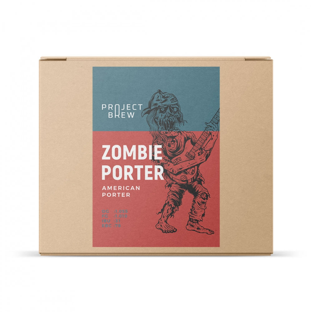 En pappeske merket Zombie Porter - allgrain ølsett fra Project Brew har en illustrasjon av en zombie som spiller elgitar.