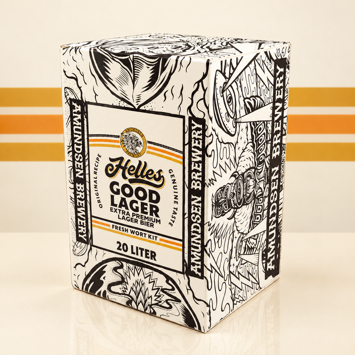 Amundsen Helles Good Lager - 20L Fresh Wort Kit foran en kremfarget bakgrunn med gull- og oransjestriper som matcher etiketten