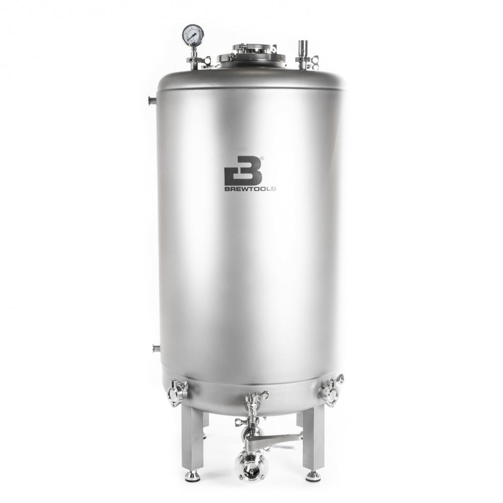 Brewtools Brite 300 er en gjæringstank i rustfritt stål med trykkmåler, ventiler og stativfot - perfekt for øllagring eller bruk som brite-tank.