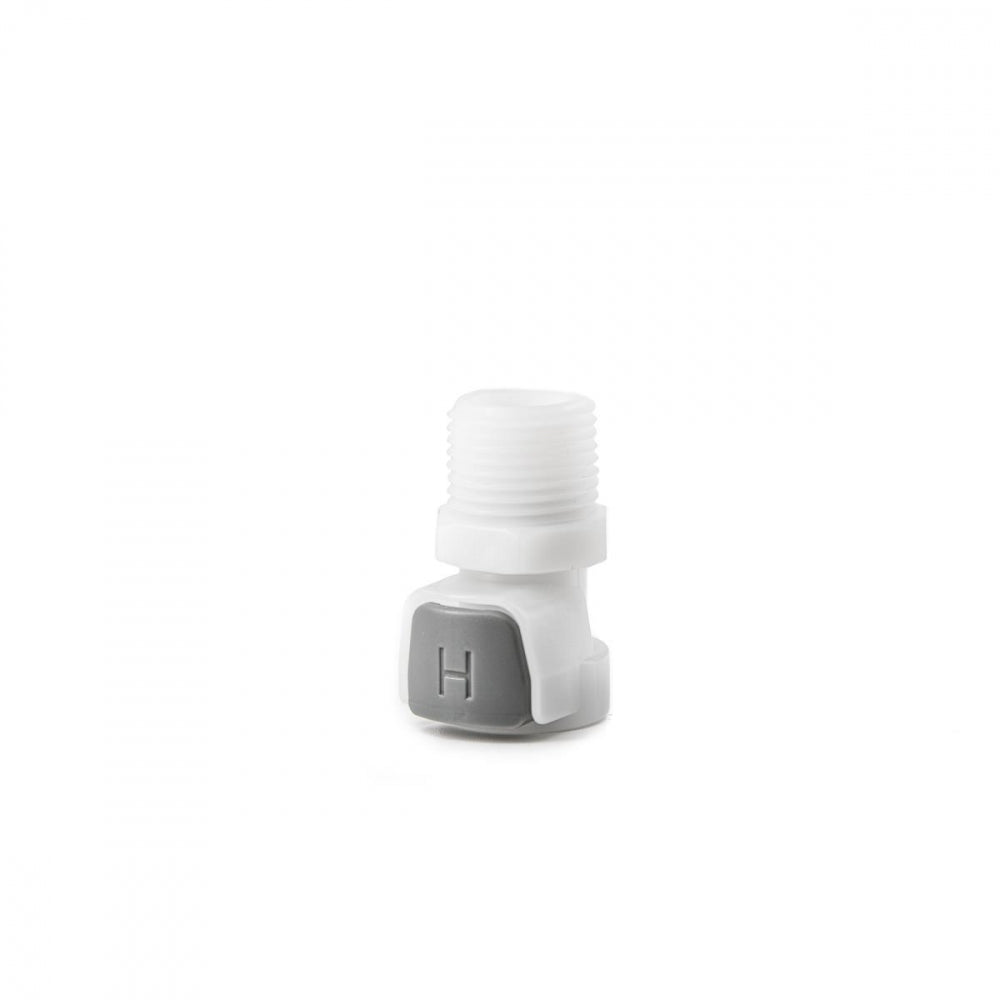 The Brewtools Lekkasjefri Hurtigkobling, Hunn til 3/8" NPT - Shut-off coupling features a white plastic body, threaded 3/8" NPT top, gray hex base marked "H." Designed for Brewtools systems and stands upright on a white background.