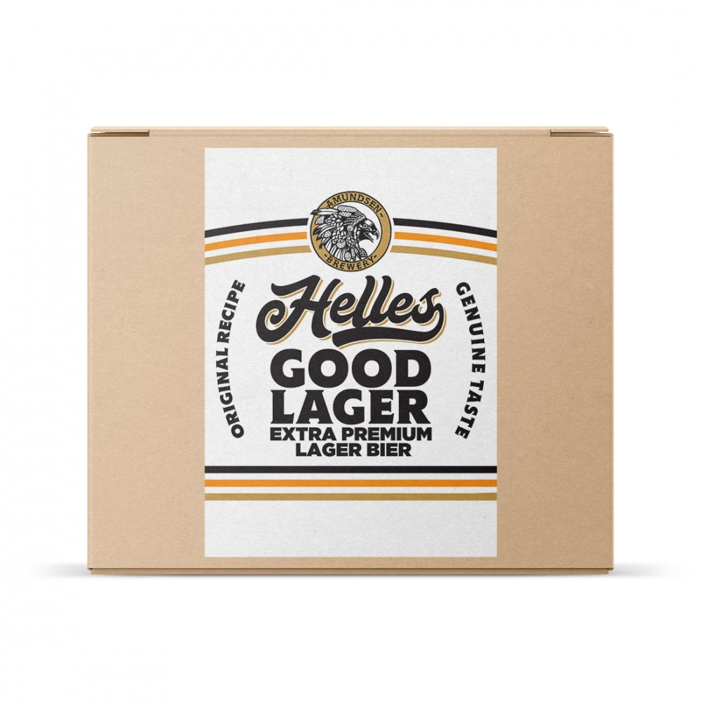 En pappeske merket Amundsen Helles Good Lager - allgrain ølsett, by Amundsen, med løvelogo - ideell for hjemmebryggeri og alle som søker ekte smak med original oppskrift.