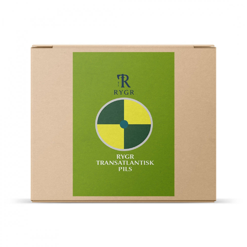 En pappeske med grønn etikett og sirkelformet gulgrønt design, merket "RYGR Transatlantisk Pilsner - allgrain ølsett" fra Brewshop - ideell for hjemmebryggere som ønsker å brygge autentisk RYGR Transatlantisk Pilsner.