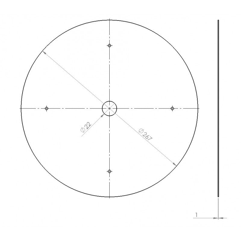 Teknisk tegning av Ny silbunn for Grainfather G30 by BacBrewing: stor sirkel (267 mm diameter) med innersirkel (22 mm), laget av silbunn rustfritt stål, vist forfra og fra siden.